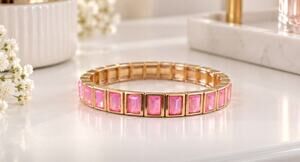 Gold Pink Stone Stretch Bracelet New